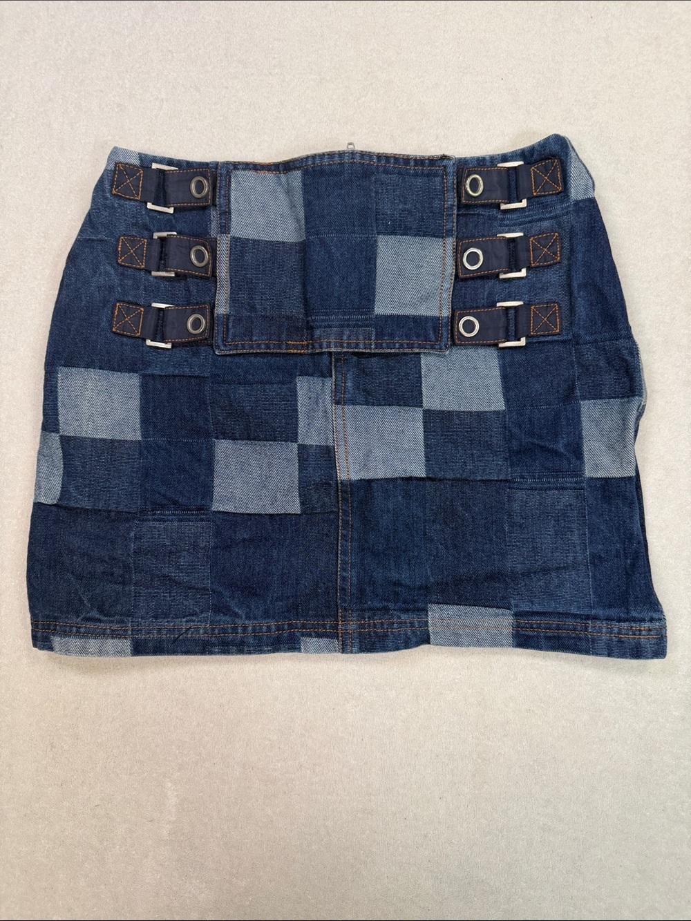 Opening Ceremony Denim Patchwork Mini Skirt with Buckle Detail